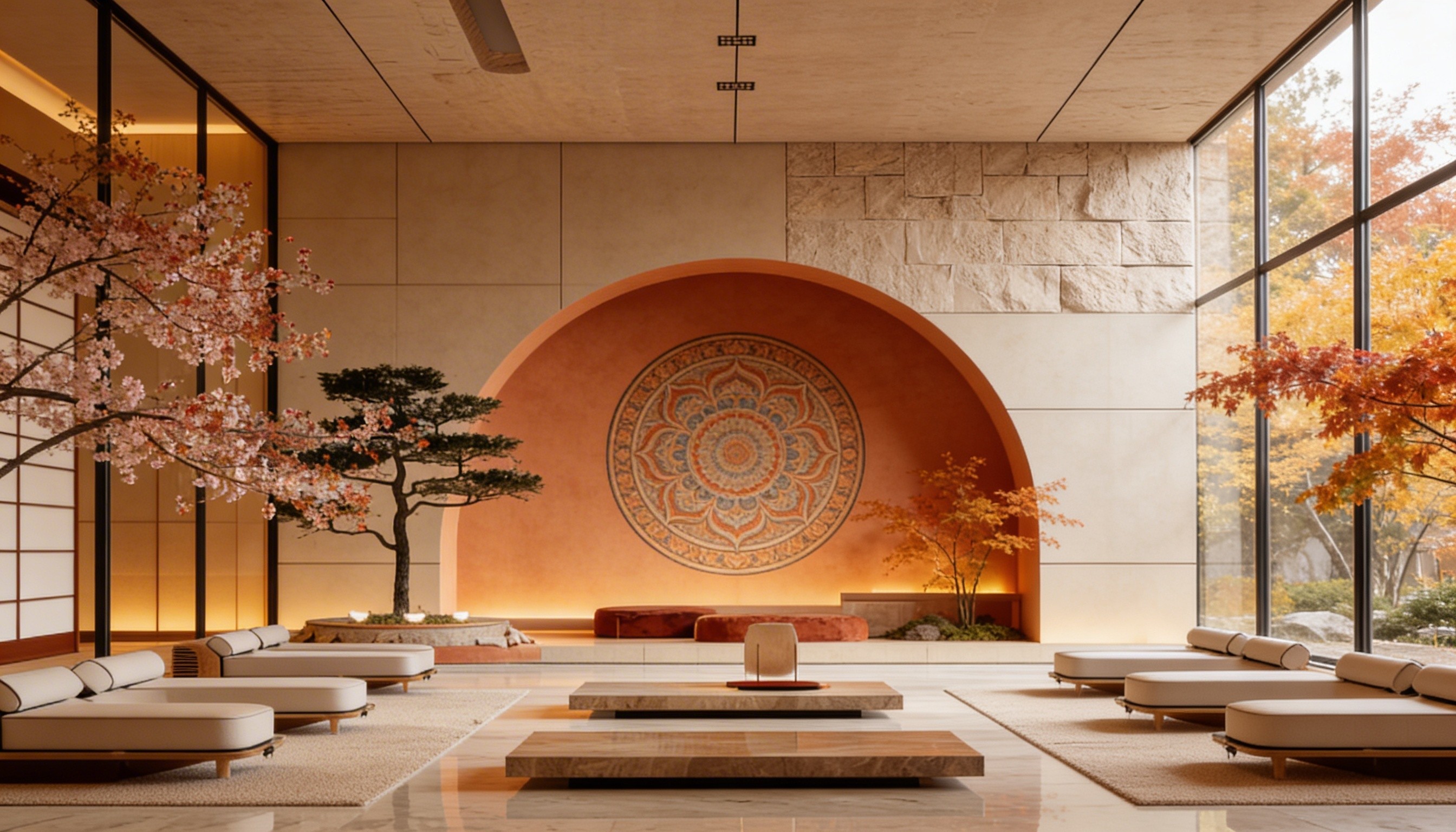 Zen meditation space with decorative wall relief and autumn cherry blossom branches