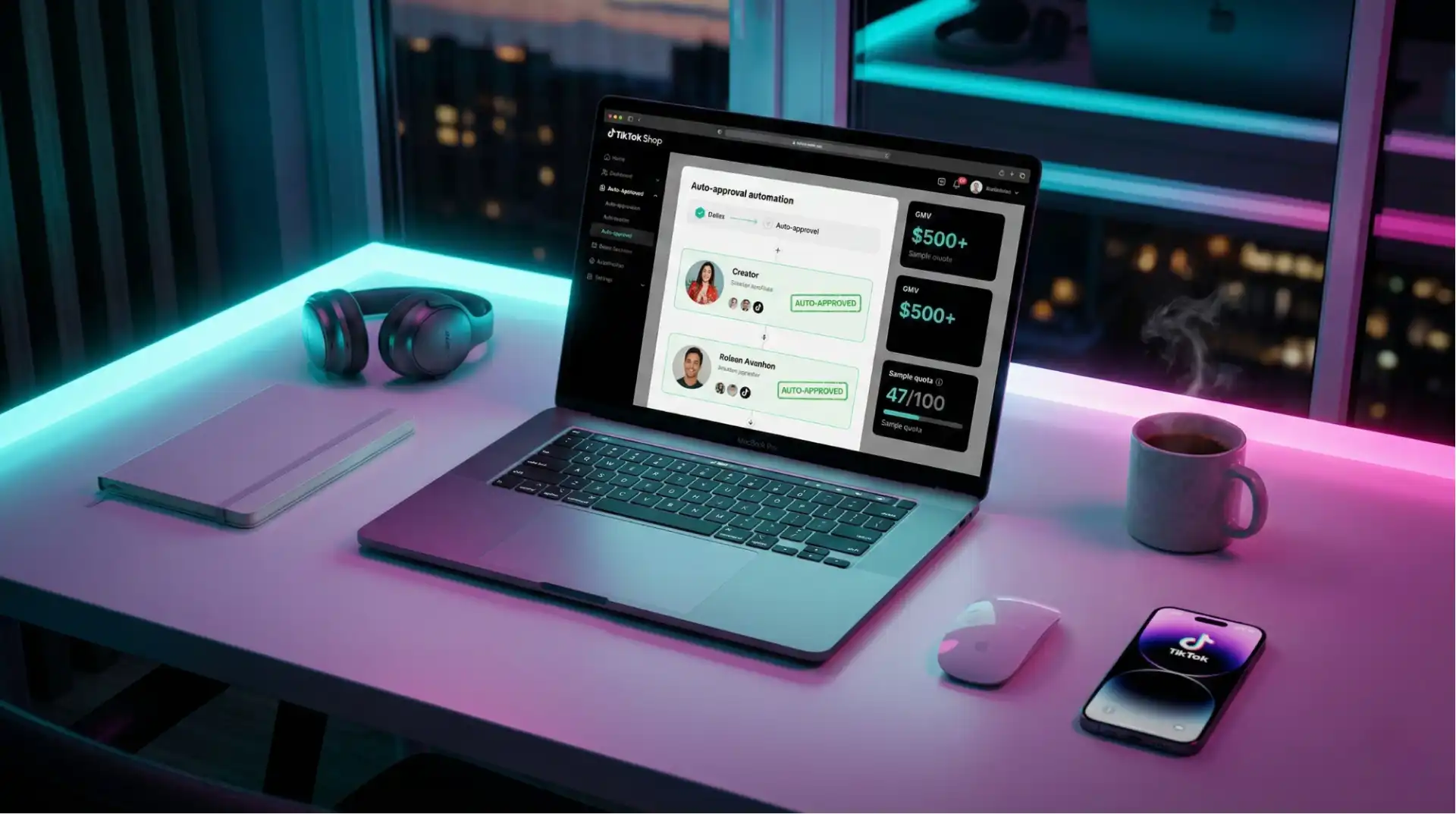 TikTok Shop auto-approval dashboard displaying creator profiles with automated GMV thresholds and sample quota tracking on laptop with neon lighting