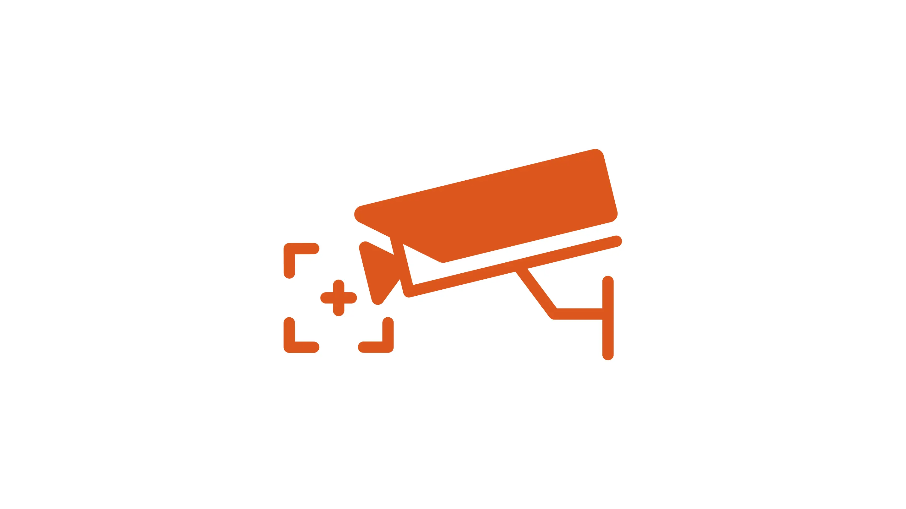 Orange surveillance camera pictogram with a focus marker and plus sign, shown on a light gray background.