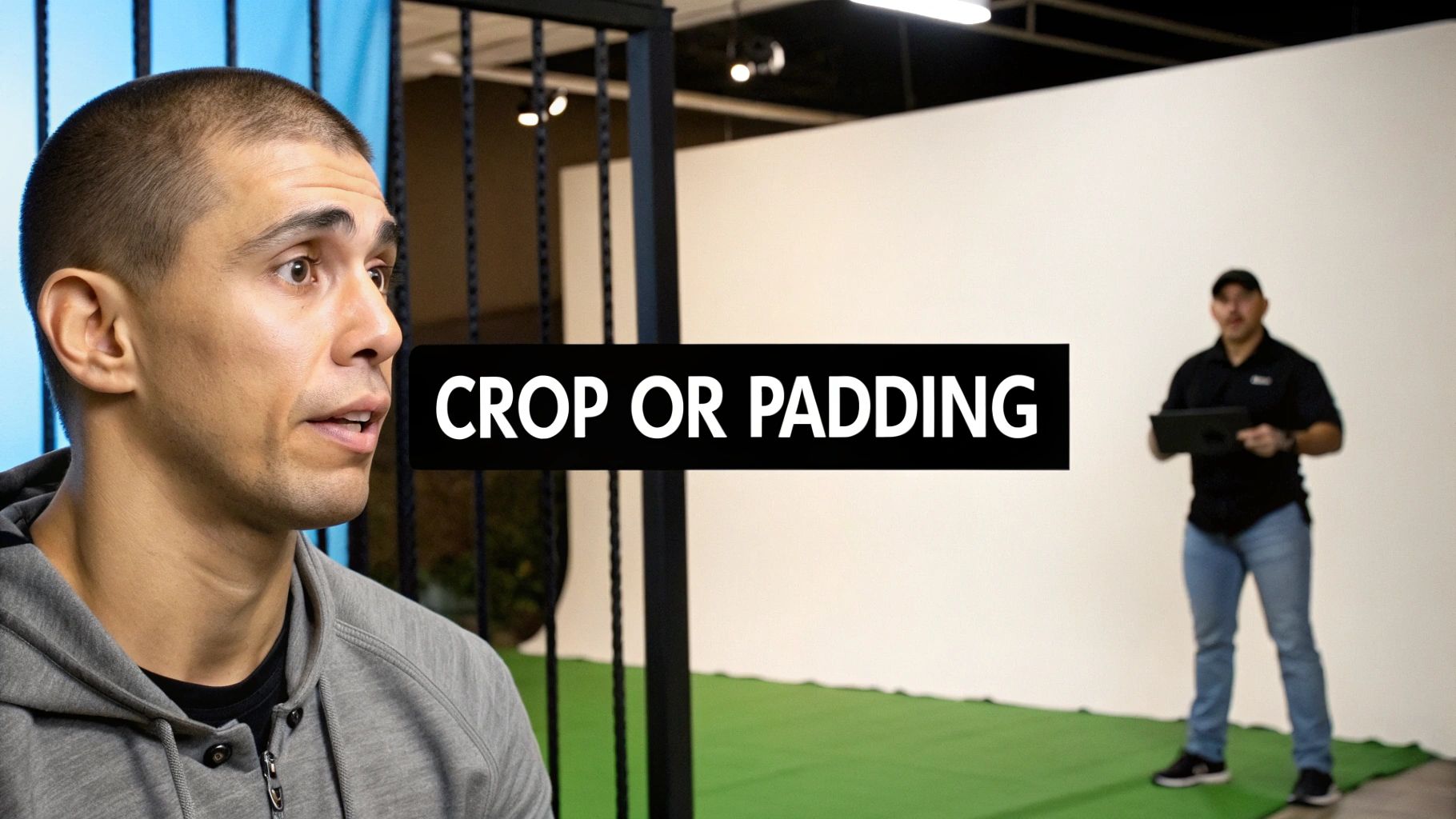 Man in grey hoodie looking right, with 'CROP OR PADDING' text overlay and another man in background.