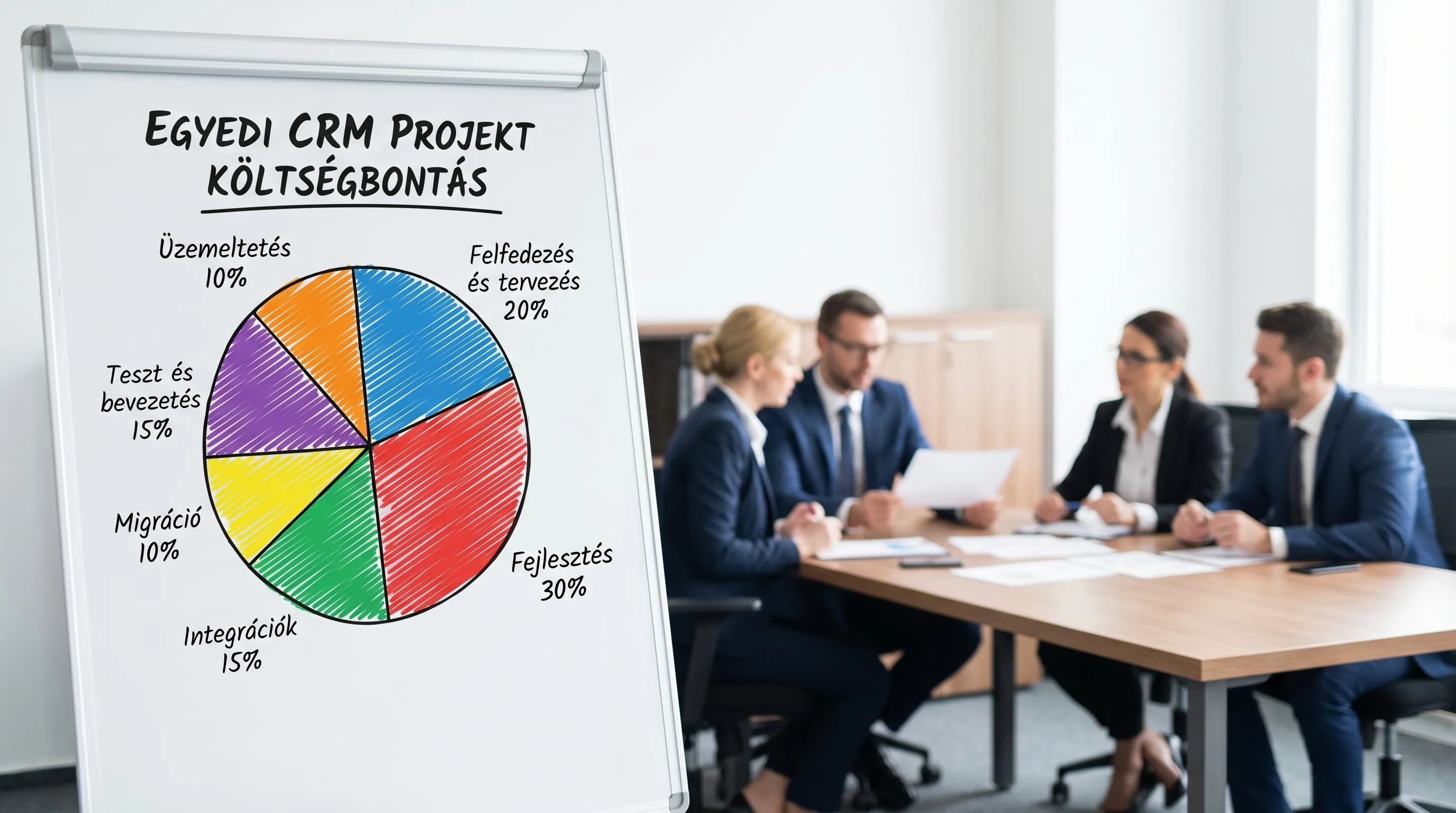 Egyszerű költségbontás ábra egyedi CRM projekthez: felfedezés és tervezés, fejlesztés, integrációk, migráció, teszt és bevezetés, üzemeltetés.