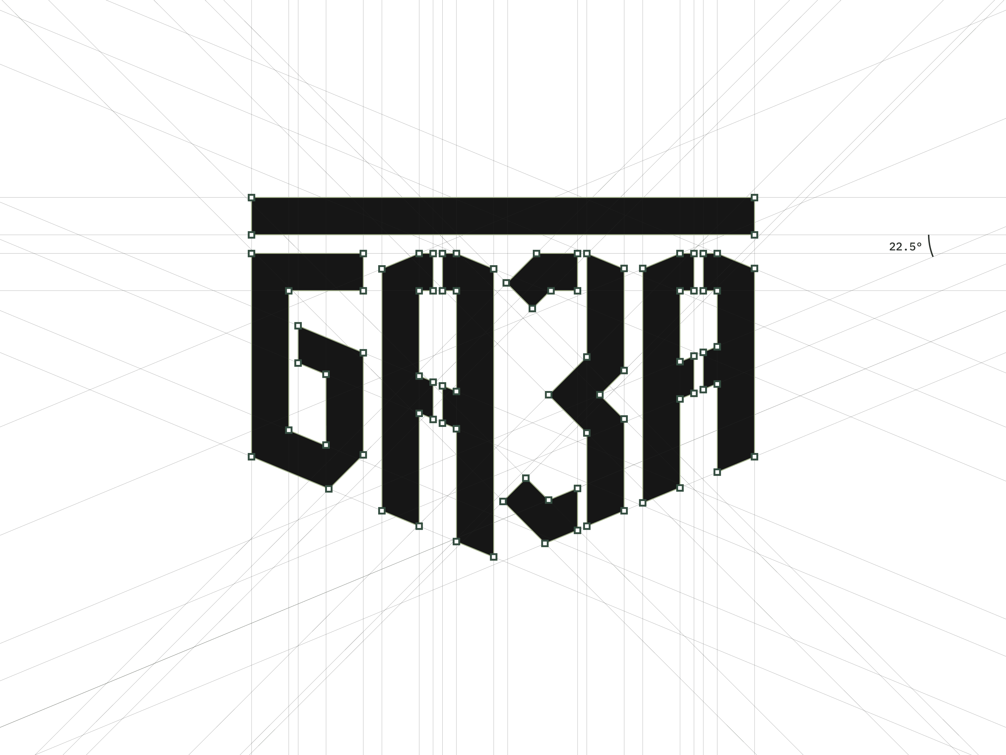 Final BAZA logo shape aligned to the construction grid with visible geometric structure.