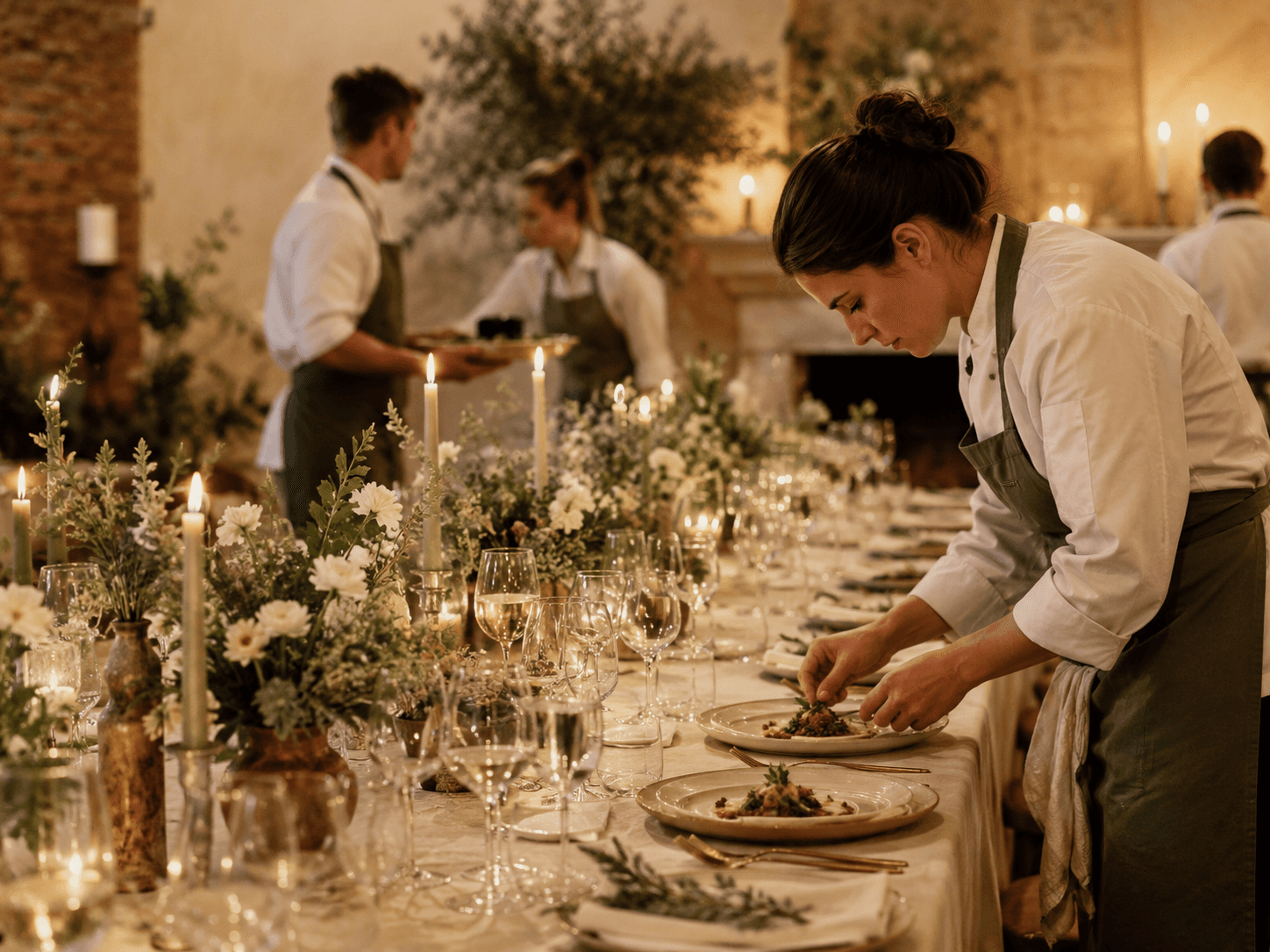 Catering team plating dishes at a candlelit event