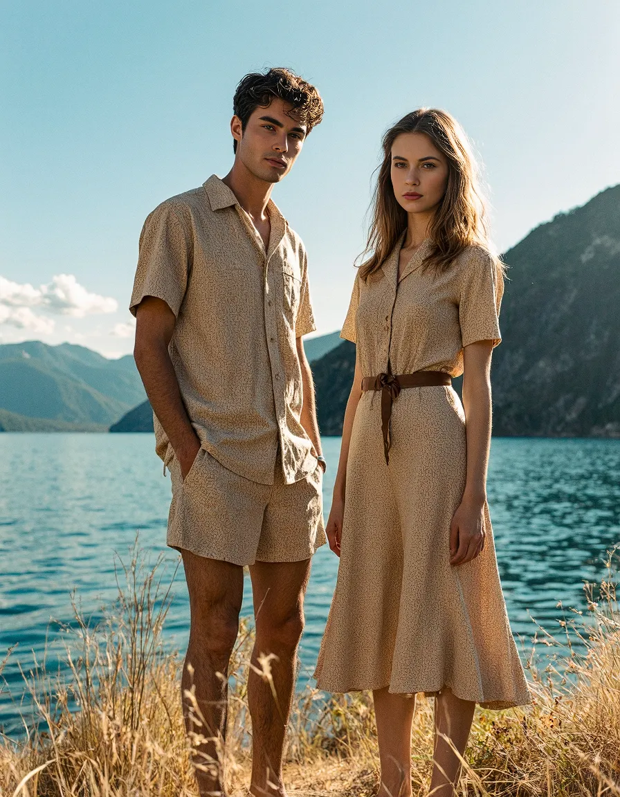 Fashion shoot featuring two models in matching beige linen outfits standing by a scenic mountain lake with turquoise water