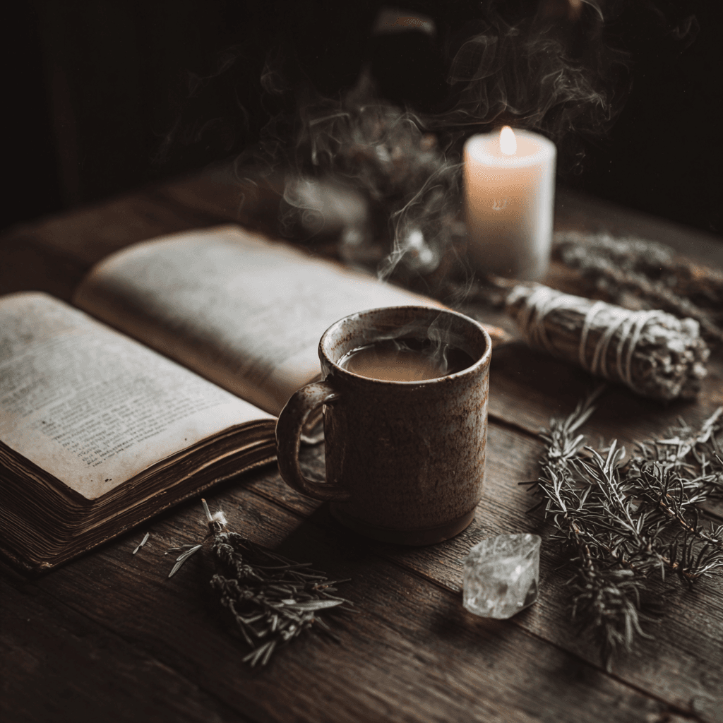Cozy witch drink with spellbook, herbs & candle