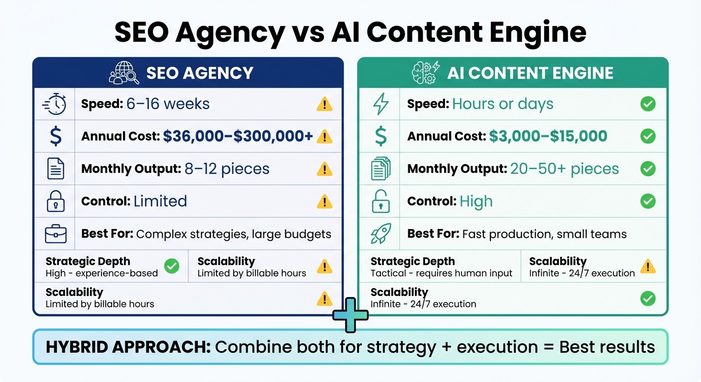 SEO Agency vs AI Content Engine: Cost, Speed, and Output Comparison