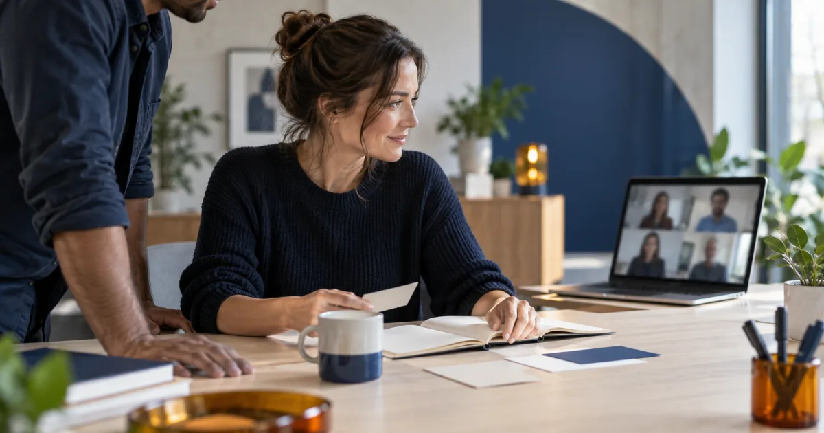Profissional organiza anotações em uma mesa enquanto conversa com um colega presencial e acompanha outras pessoas por videochamada no notebook.