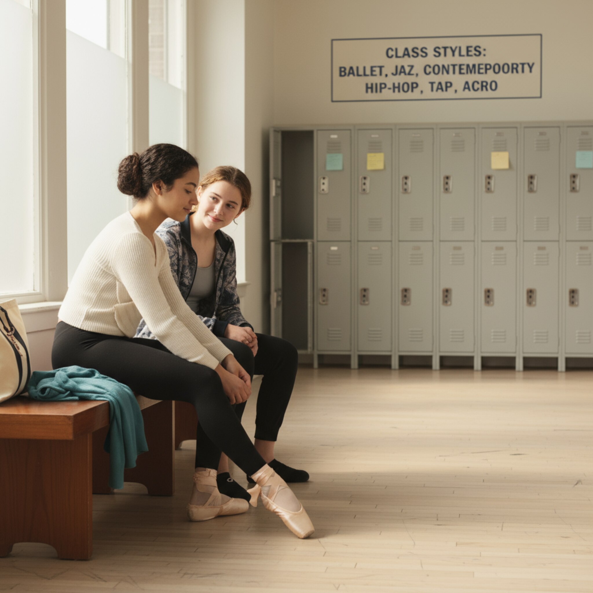 Neben der Garderobe sitzt eine Tänzerin auf einer Holzbank, kniet die Bänder ihrer Schuhe fest und plaudert entspannt mit einem Mitschüler. Im Hintergrund hängt ein schlichtes Poster mit Kursstilen. Das Licht ist warm, freundlich und vermittelt Zugehörigkeit.