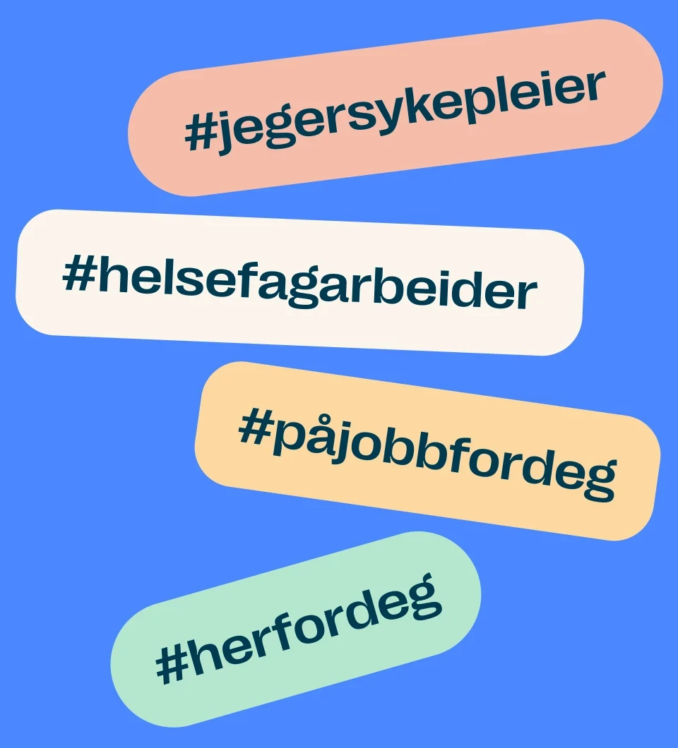 A row of hashtags used for the "På jobb for deg" project.