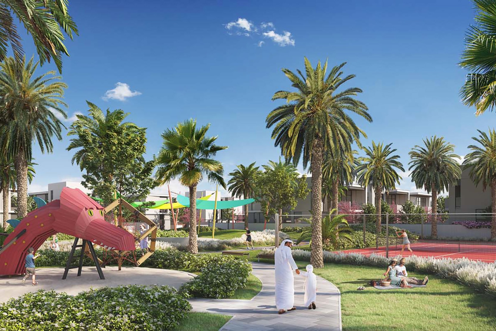 Illustration of the new community park in Murooj Al Furjan, featuring pathways, trees, and areas for community activities.