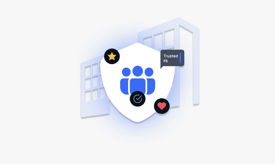 A shield icon with user figures and approval symbols, placed between two office buildings, representing trust across teams.