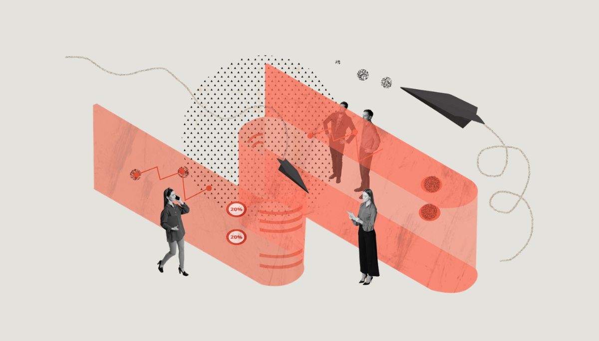 Stylized collage of professionals with charts, graphs, and data icons, symbolizing what a talent intelligence platform is.