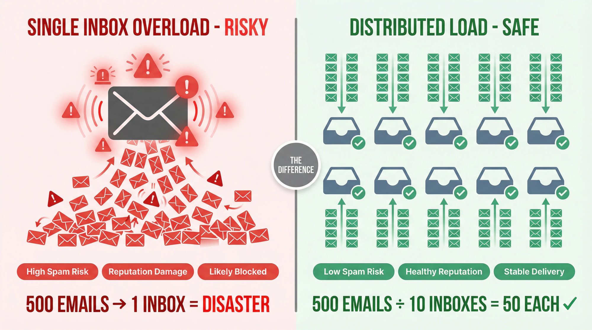 Side-by-side comparison showing risky single inbox approach versus safe distributed multi-inbox infrastructure for scaling cold email