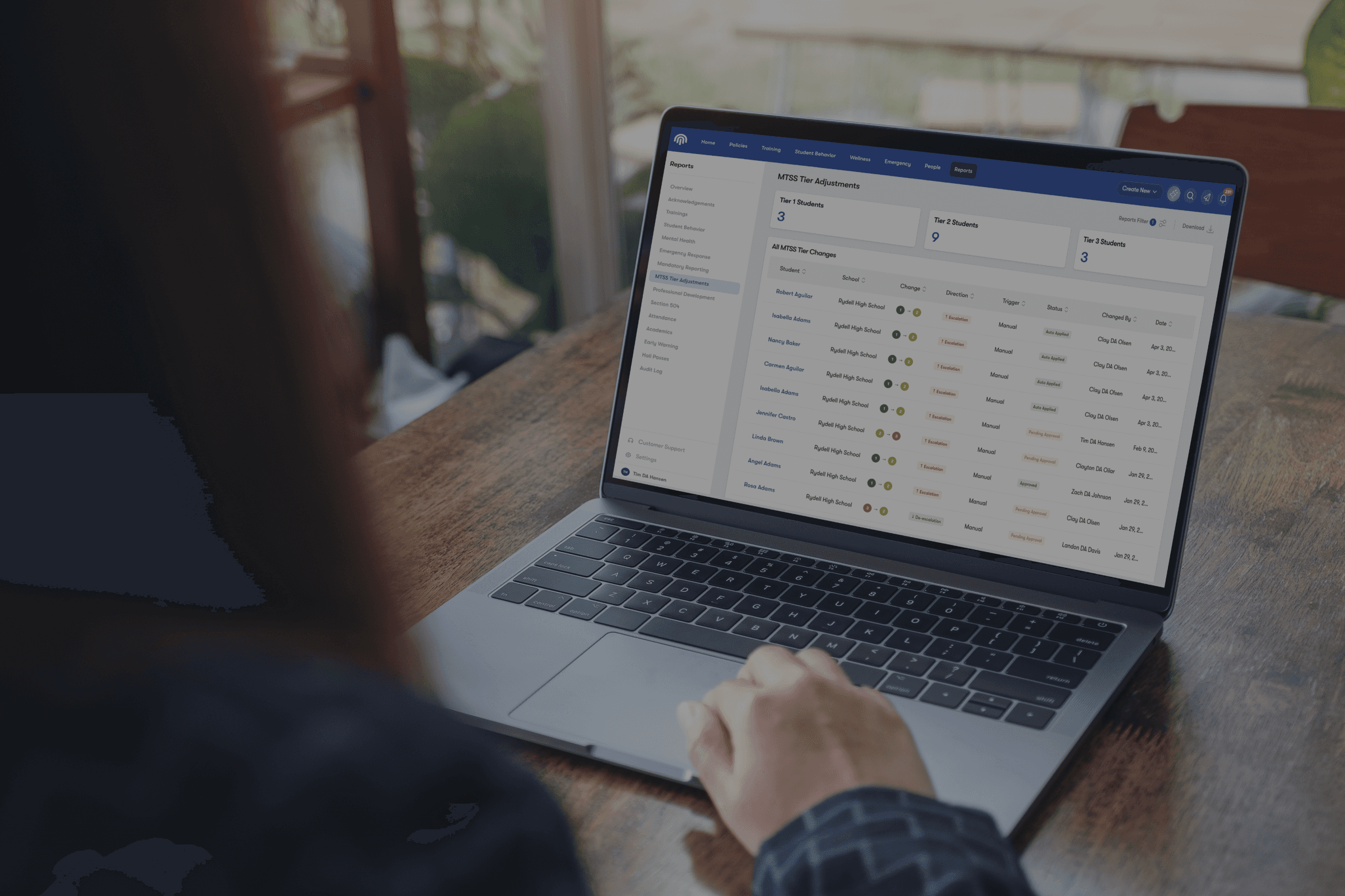 Image of a mockup of Impact Suite software dashboard. It shows the user the number of concerns and cases, it shows a concerns timeline, it lists the top students who need personal care, and it gives details into who has/has not compnleted safety trainings and policy acknowledgements.