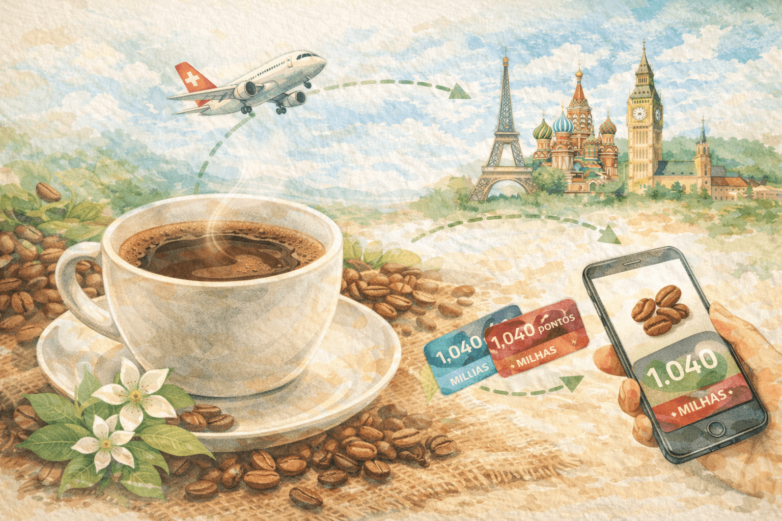 Ilustração em aquarela de café com grãos ao lado de um celular com milhas acumuladas, avião e pontos turísticos, mostrando como acumular pontos comprando café.