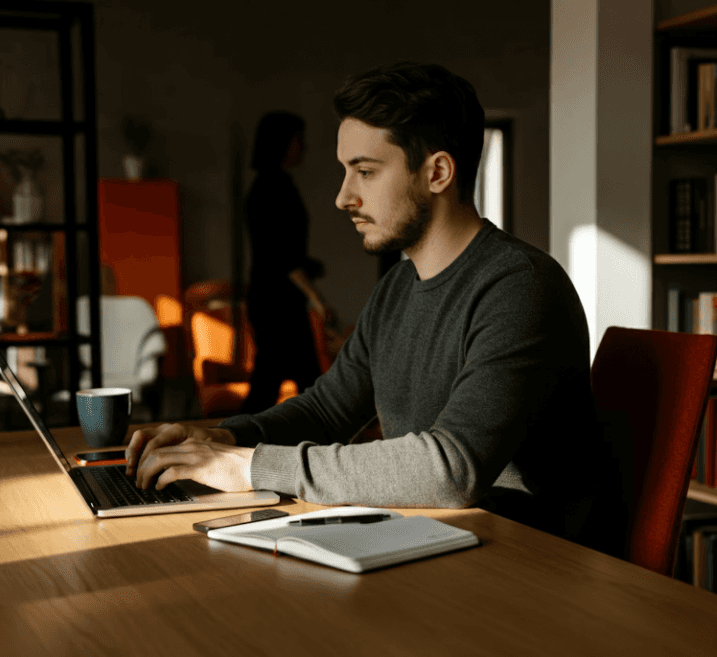 A man in a dark sweater focuses intently on a laptop at a wooden desk, with a notebook and coffee cup beside him. Warm lighting and a calm office atmosphere.
