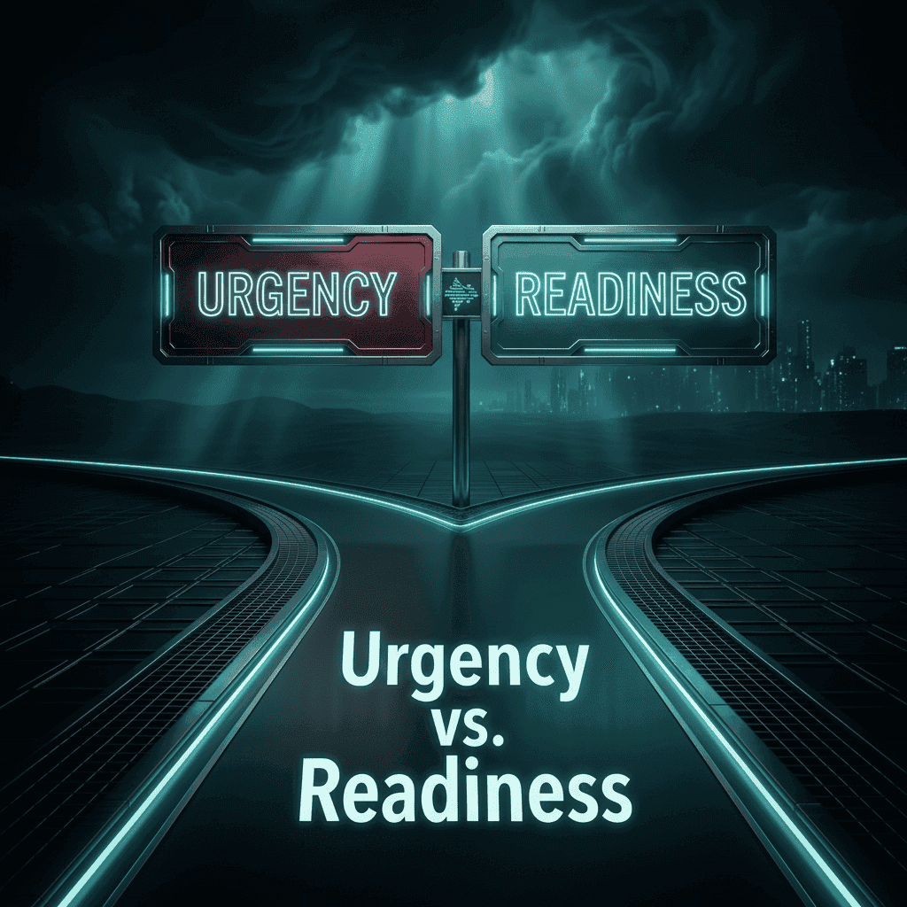 Futuristic scene of a forked road with neon signboards labeled ‘Urgency’ and ‘Readiness,’ representing the choice between rushing into AI adoption and being properly prepared.
