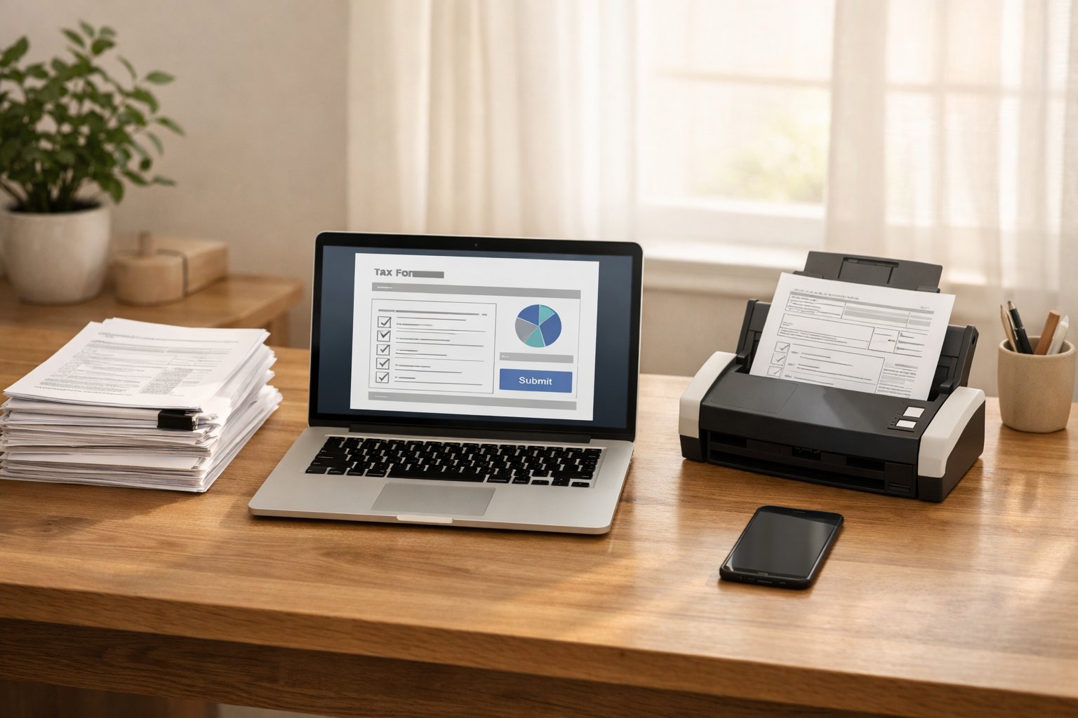 Clean home office with a laptop, stacked tax documents, a scanner, and a smartphone, representing digital tax filing and online submissions.