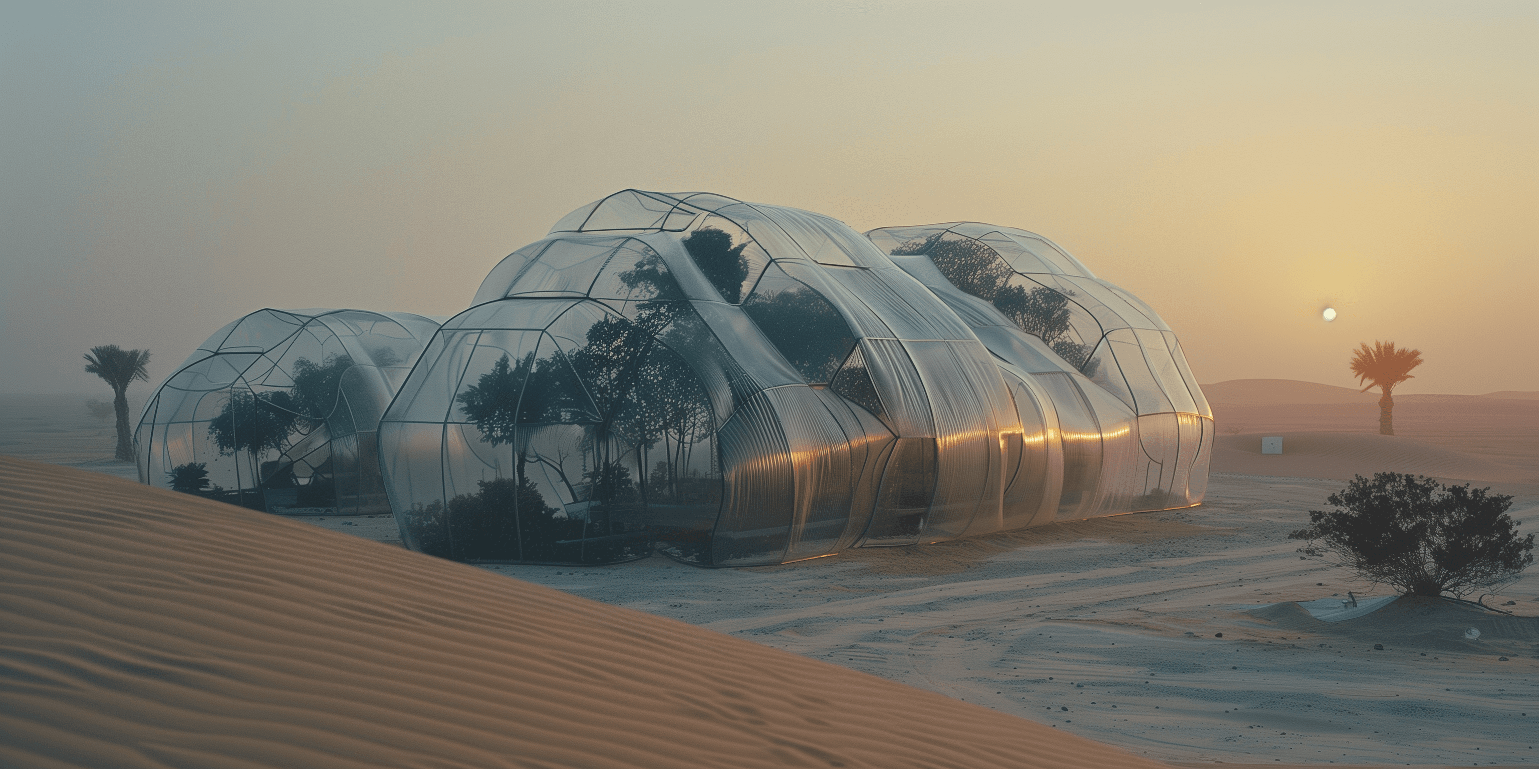 A glass planthouse from the outside in an expansive empty desert at dawn.