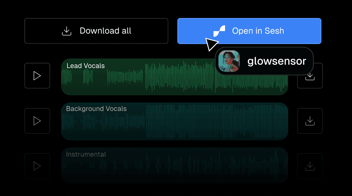 A mouse cursor hovering over a button that says "Open in Sesh" where the user can easily edit their stems in a DAW interface