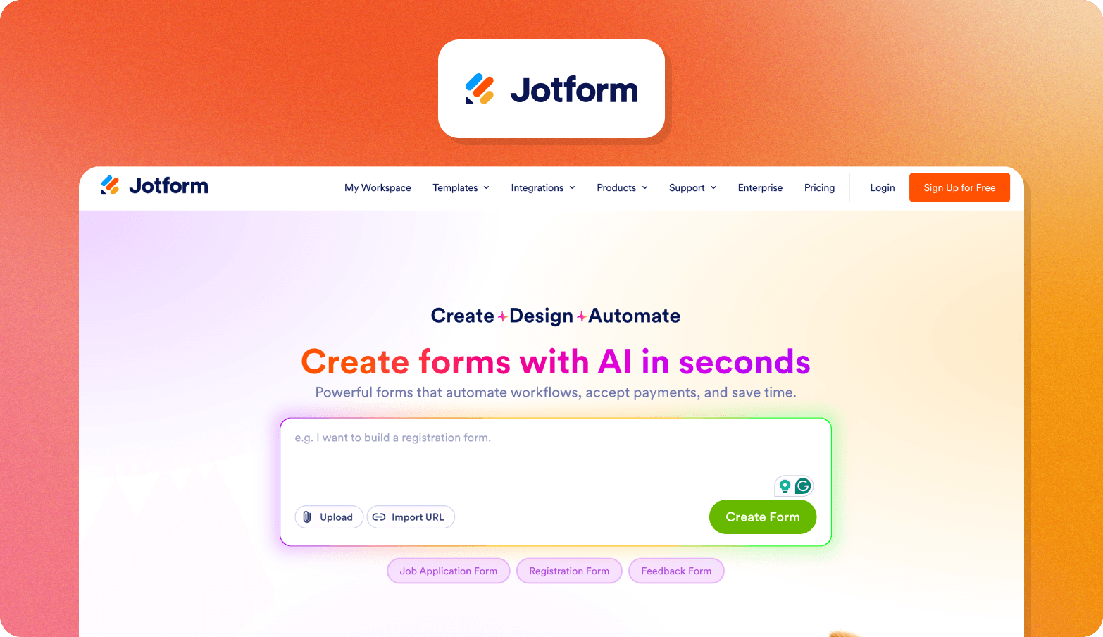 Jotform homepage screenshot showing the tagline "Create forms with AI in seconds."