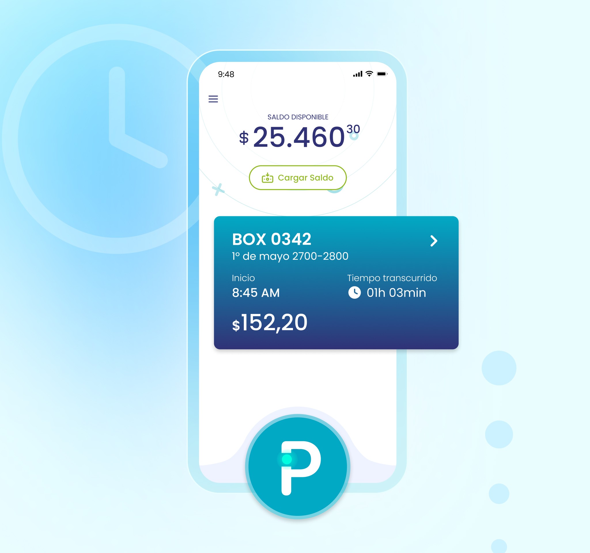 pantalla principal de la aplicación con estacionamiento en curso