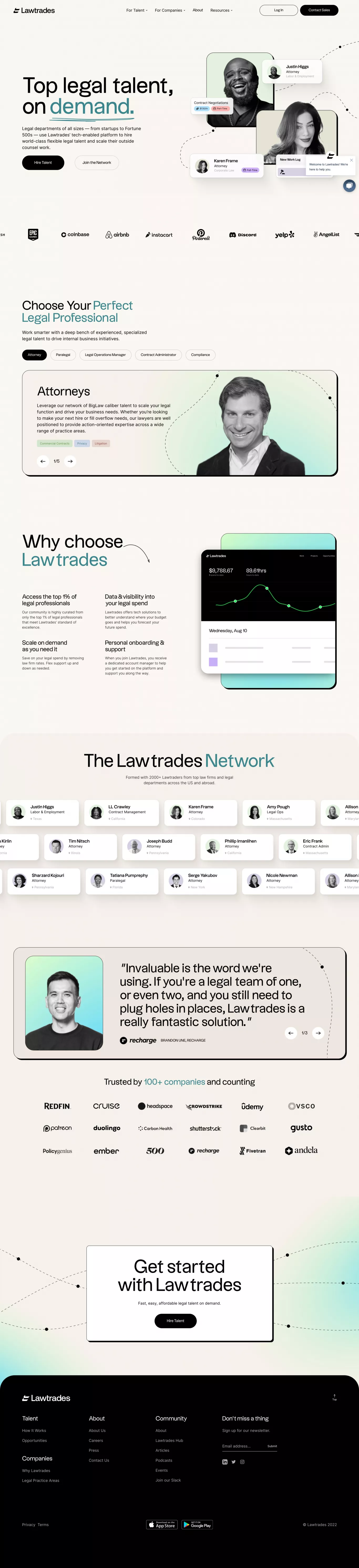 Lawtrades - Top legal talent, on demand. landing page screenshot showcasing Tech design