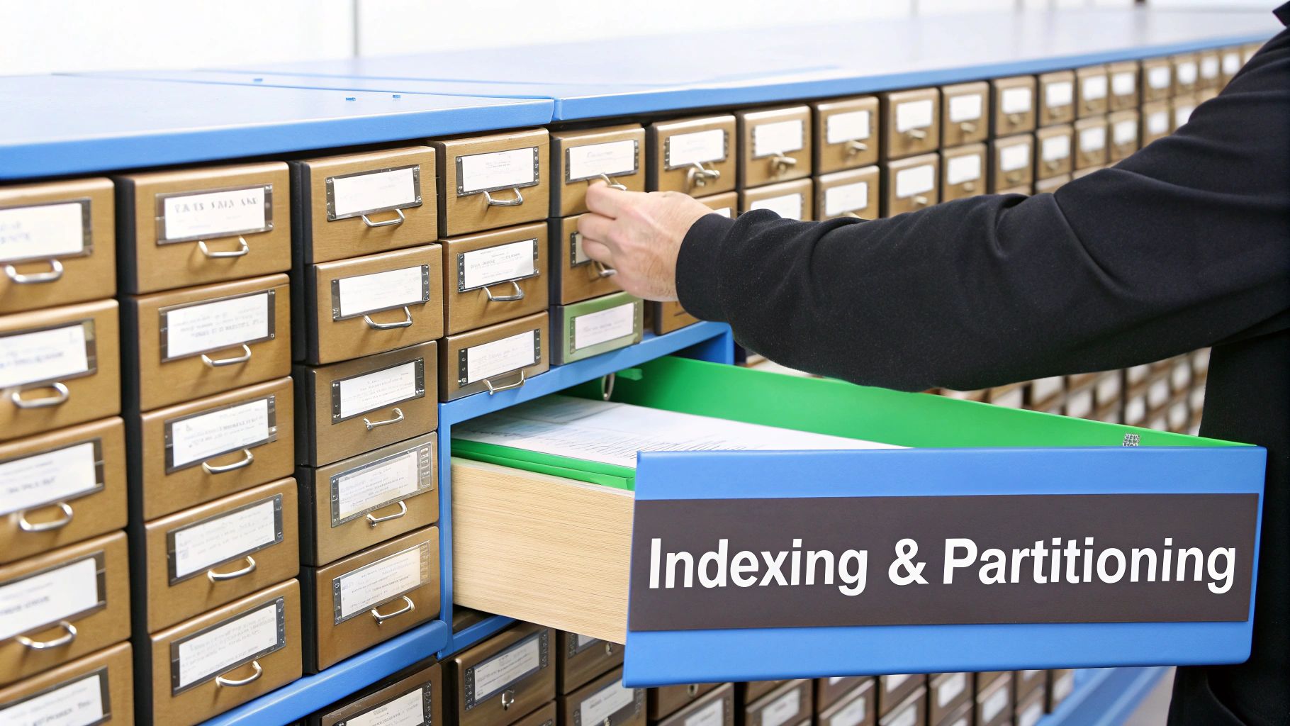 A hand opens a small wooden drawer from a large blue cabinet, revealing indexed papers.