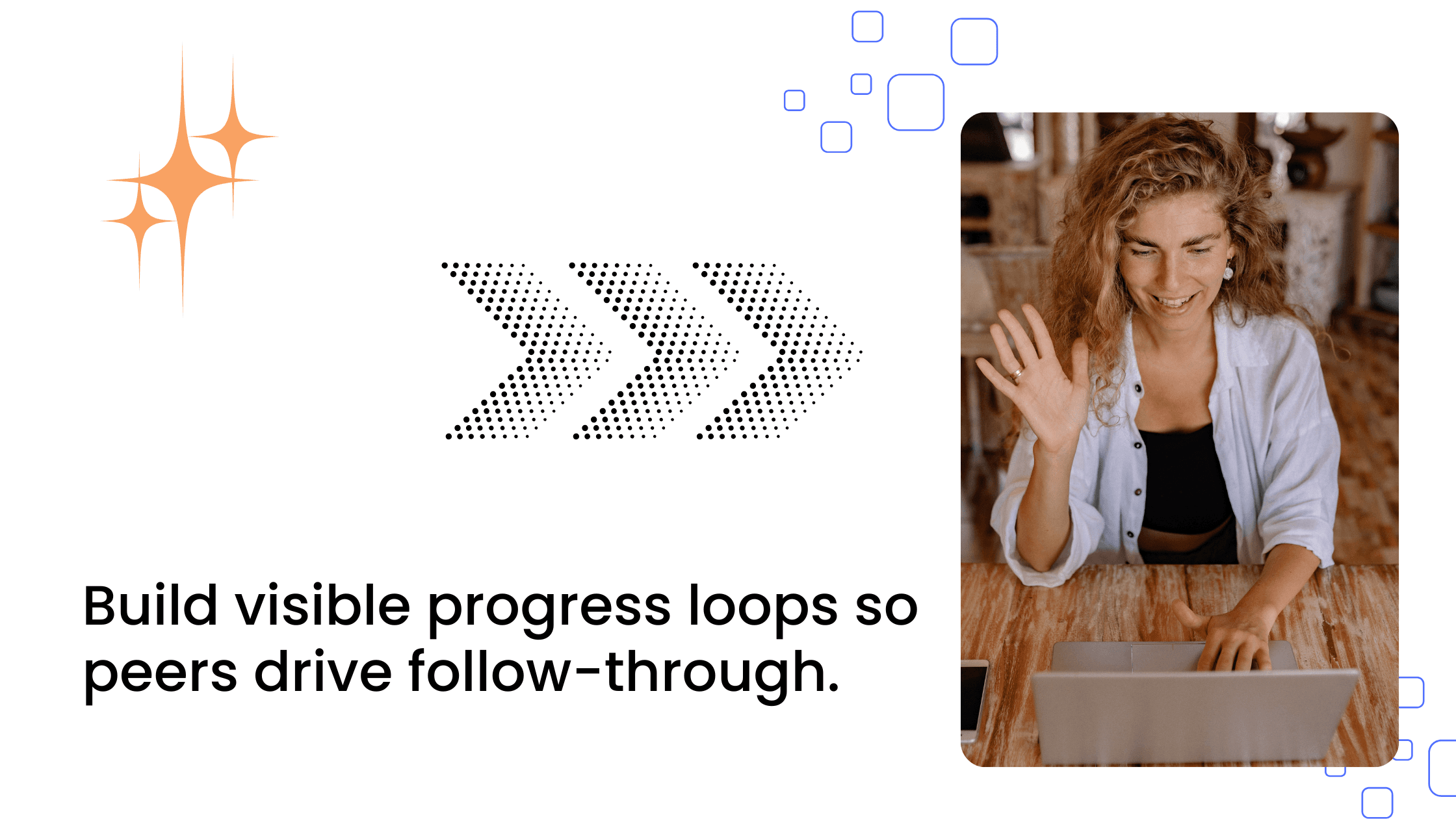 Coach waving on video call; visible progress loops and peer accountability improve follow-through in coaching programs.