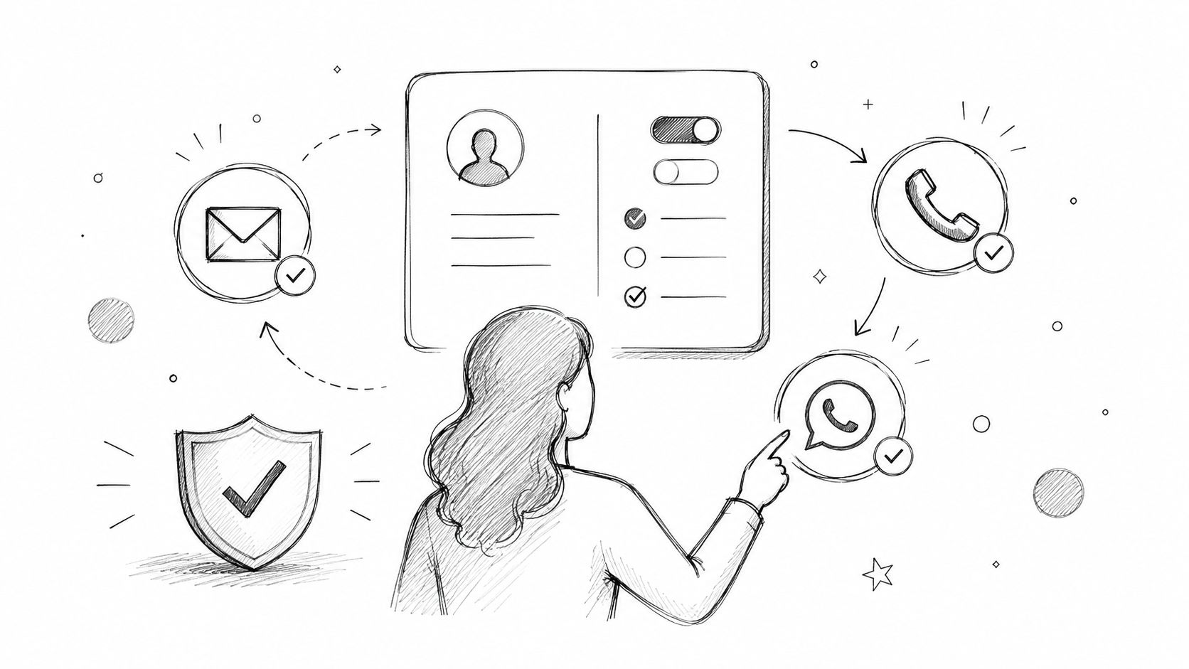 Een handgetekende illustratie van een zakelijke omgeving met communicatiekanalen en een beveiligingsschild voor datacompliance.