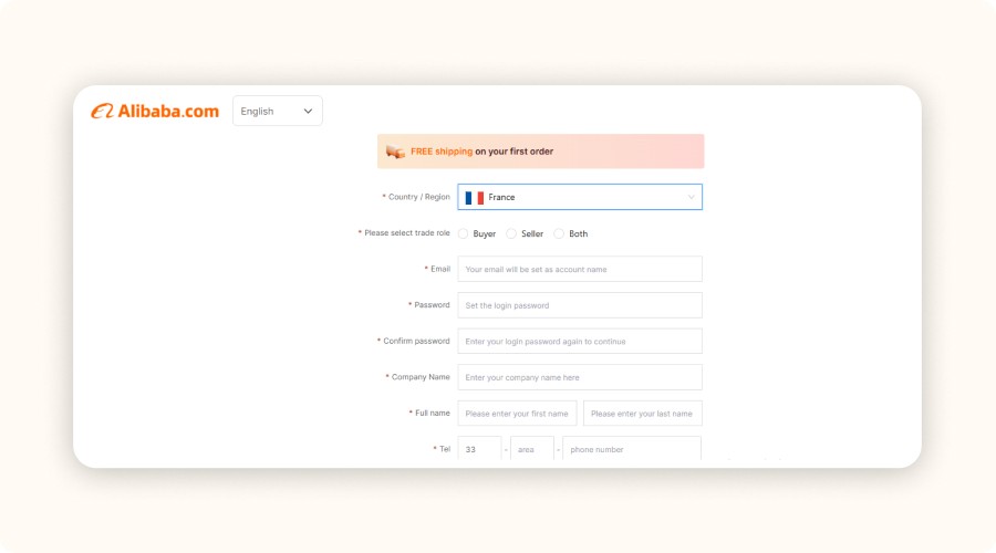 Alibaba dropshipping signup form