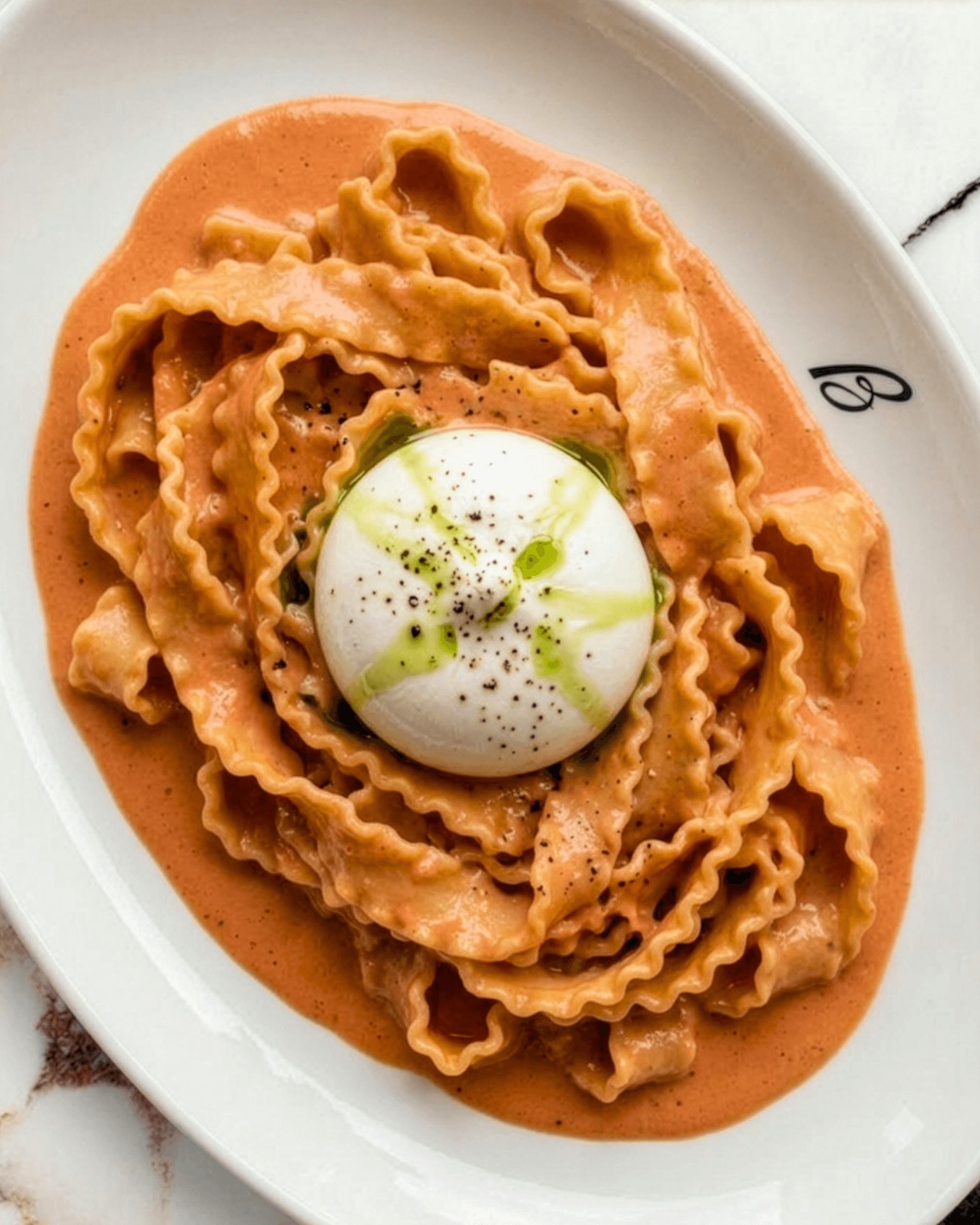 Creamy pasta topped with burrata and cracked pepper