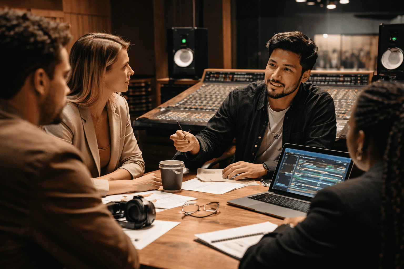 Two focused men in work aprons lean over large blueprints in a dimly lit workshop. A beam of light highlights the papers, creating a dramatic atmosphere.