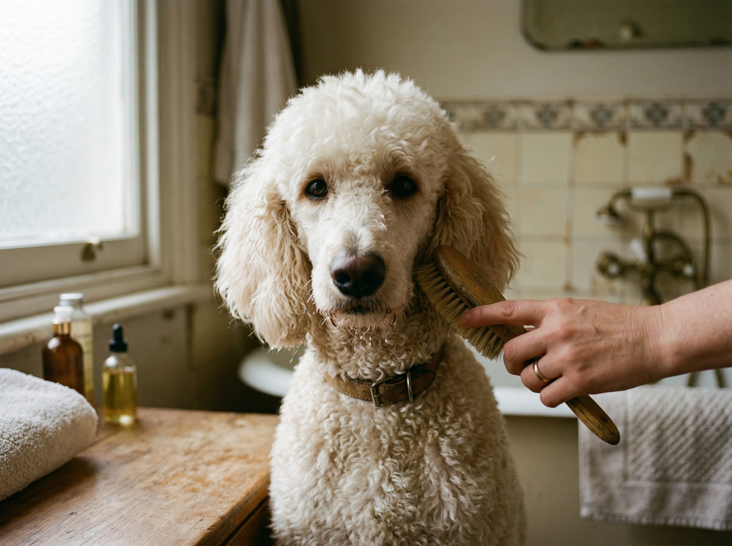 A heartwarming close-up of a person gently grooming a joyful white Poodle using a Nuvorie premium wooden brush for a mindful daily care routine