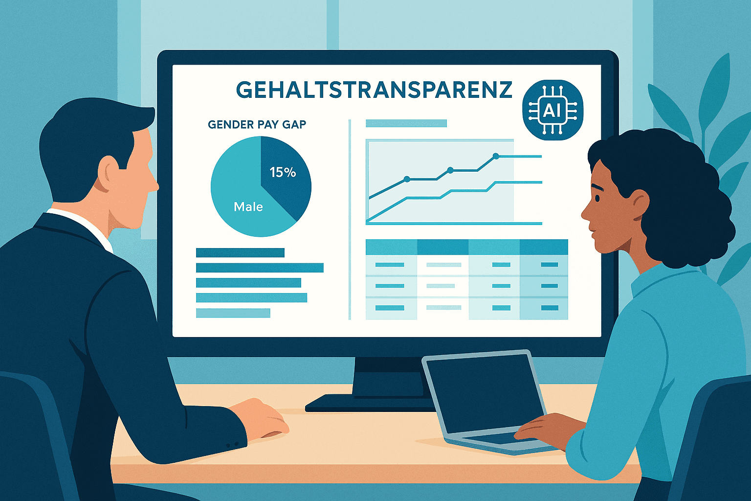 Illustration moderner Gehaltstransparenz: HR-Team analysiert Gender-Pay-Gap und KI-gestützte Daten – perfekt für Artikel zur EU-Gehaltstransparenz-Richtlinie.
