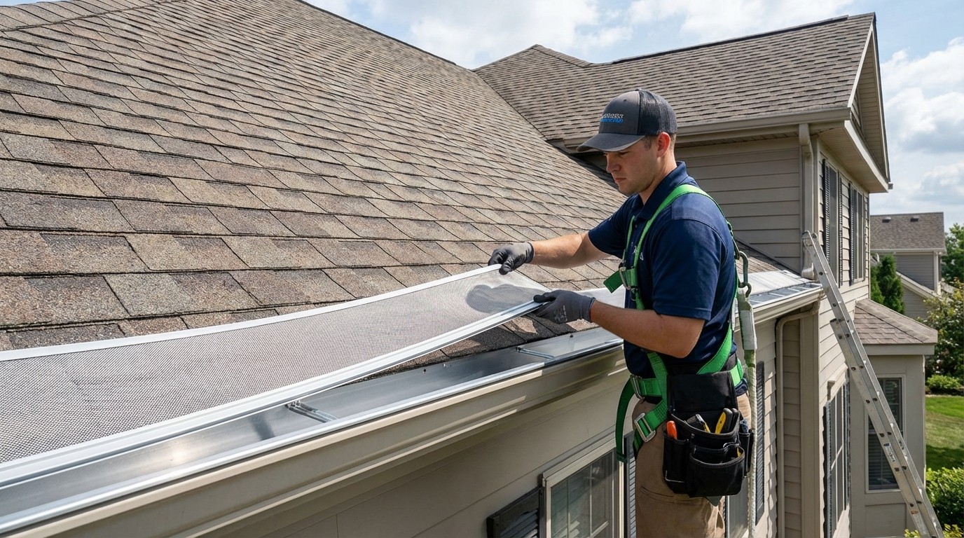Gutter guard installation showing professional installer attaching micro-mesh guards to home gutters