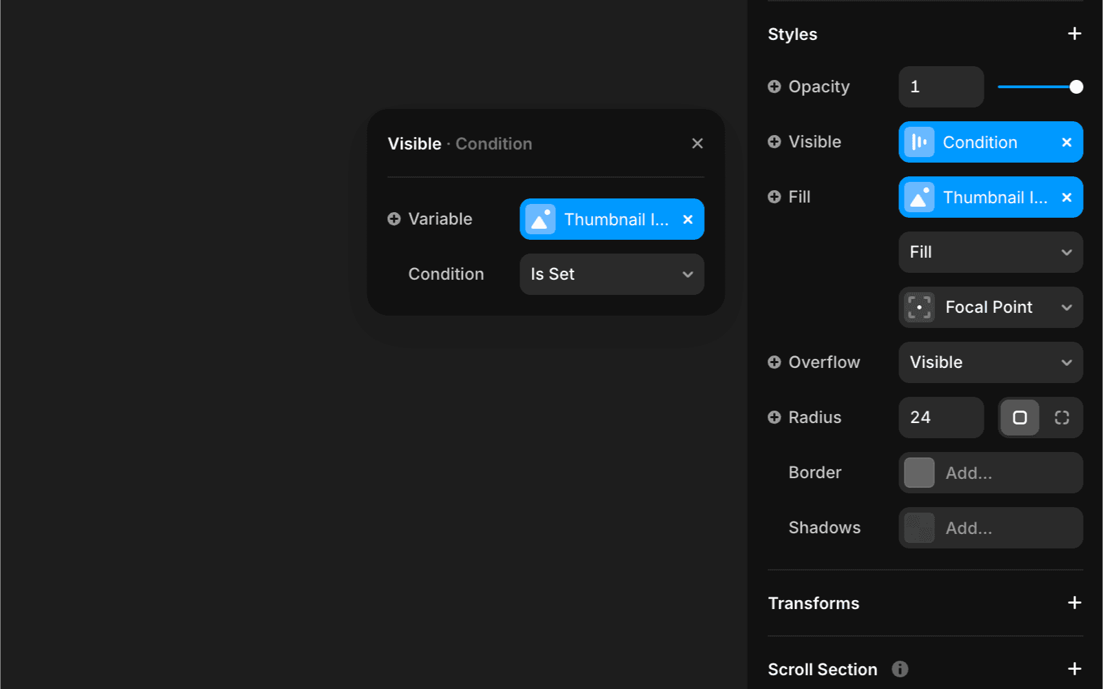 Framer interface showing visibility condition settings for an image based on variable state.