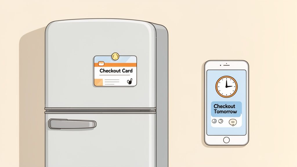 A refrigerator with a 'Checkout Card' note and a smartphone showing a 'Checkout Tomorrow' reminder.