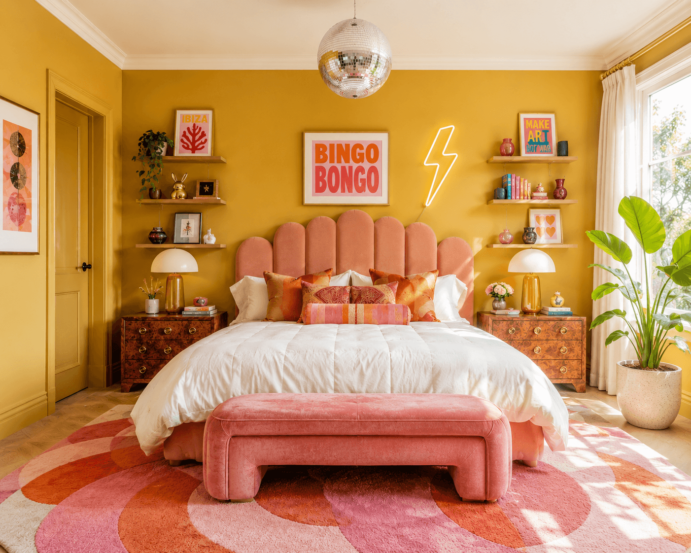 Sunlit dopamine decor bedroom with mustard yellow walls, blush pink scalloped headboard, white bedding, coral and terracotta accent pillows, and a pink abstract rug. Editorial maximalist interior design featuring neon wall lighting, floating shelves, disco ball reflections, and layered colorful decor in a sophisticated adult bedroom.