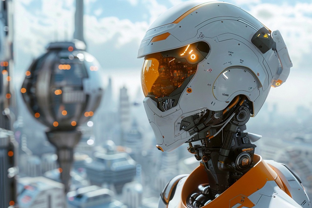 A futuristic white robot with an orange visor looking out over a city skyline