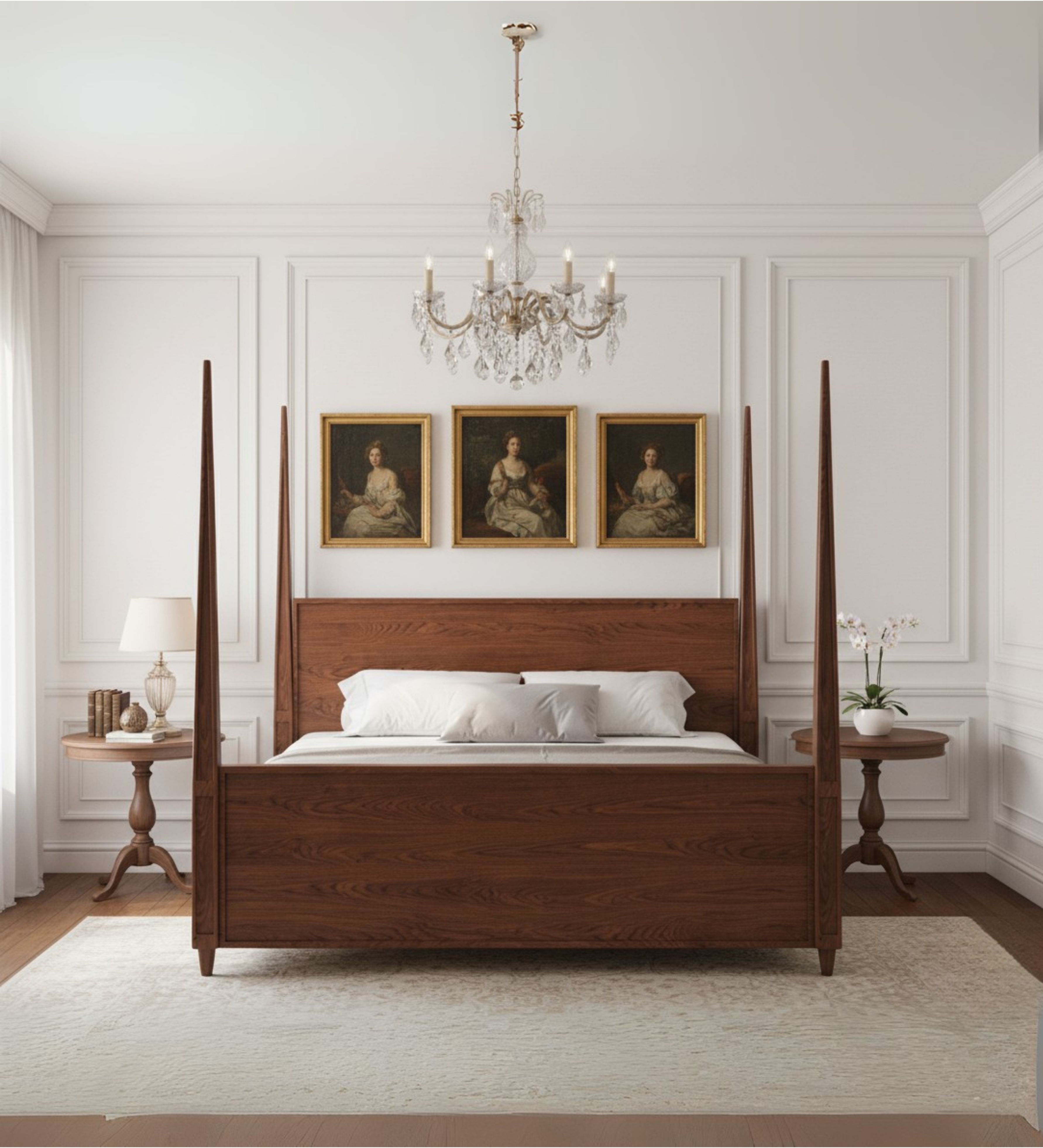 Wooden bed with tall headboard, straight edges, and solid base frame