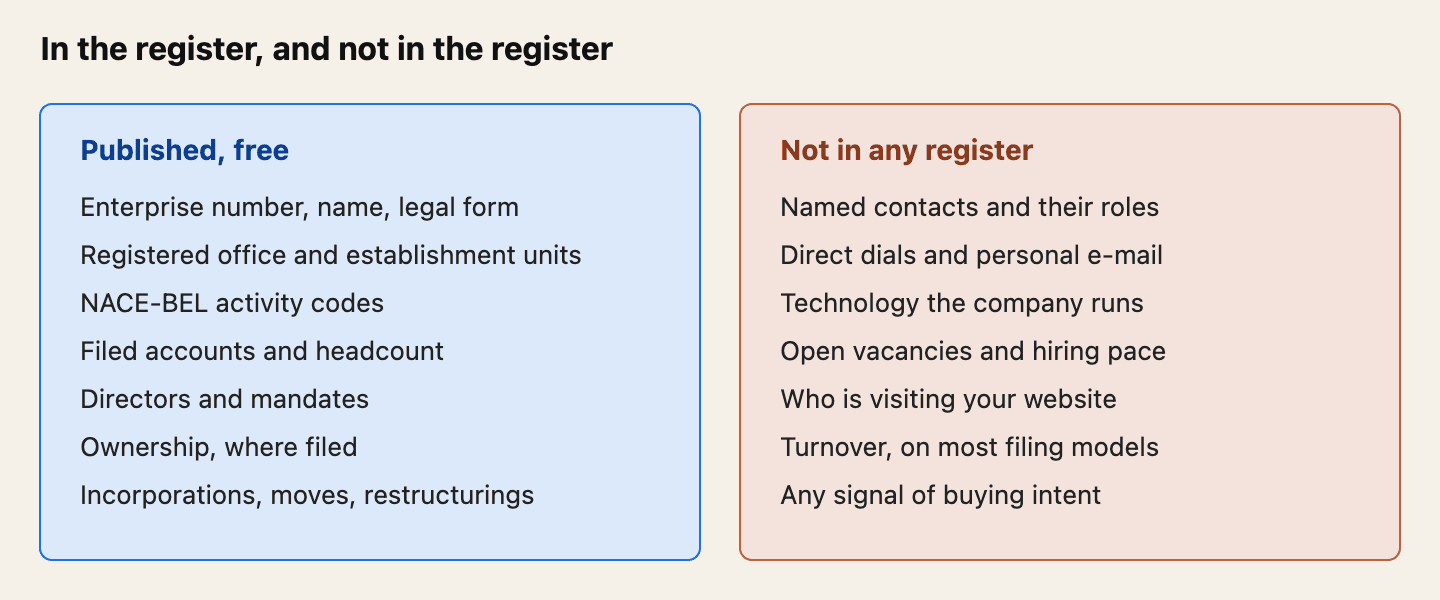 Public registers hold identity, addresses, activity codes, filed financials, directors, ownership, official events and a company's own registered phone and e-mail. They do not hold named contacts, their direct dials or personal e-mail addresses, technology used, hiring activity or buying intent.