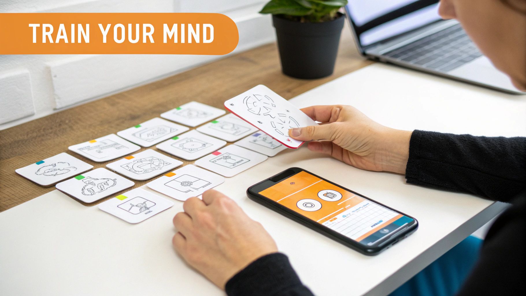 A person uses physical cards and a smartphone app for a cognitive training game on a desk.