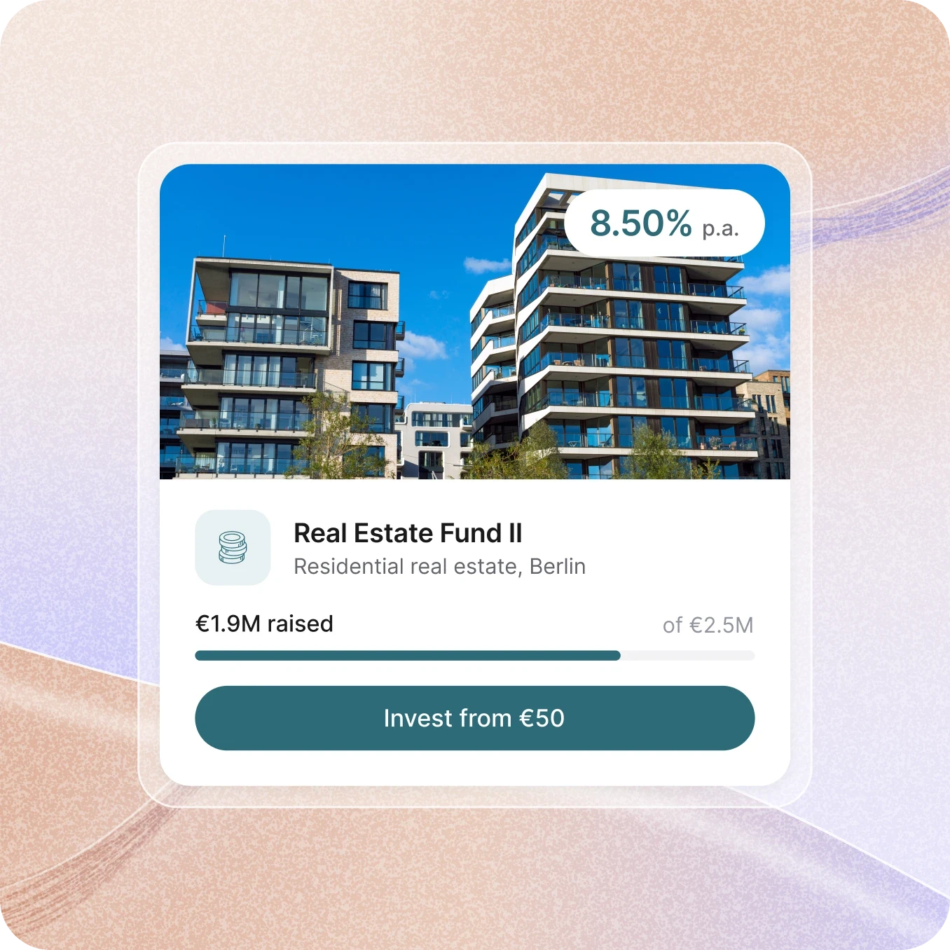 Investmentkarte für Real Estate Fund II, Wohnimmobilien in Berlin, mit modernen Wohngebäuden, 8,50 % p. a., 1,9 Mio. € von 2,5 Mio. € eingesammelt und einem Button „Invest from €50“.