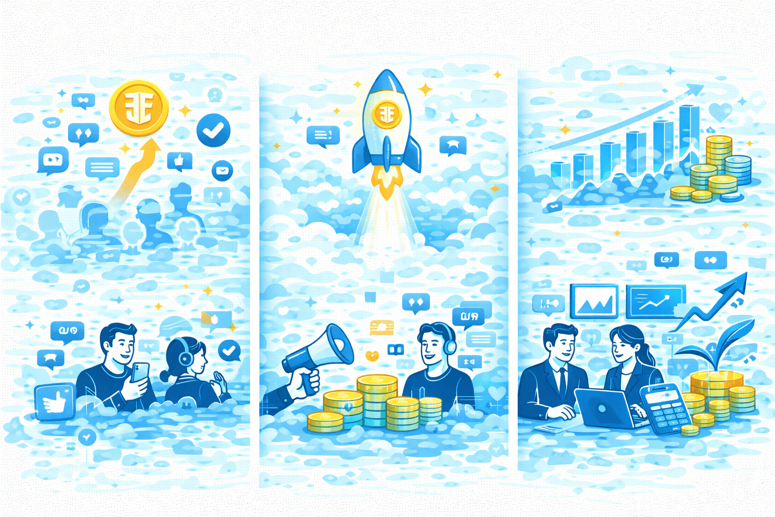 Visual illustrates all 3 marketing phases of launchin a crypto token: pre-launch, launch, and post-launch phases and why they're important
