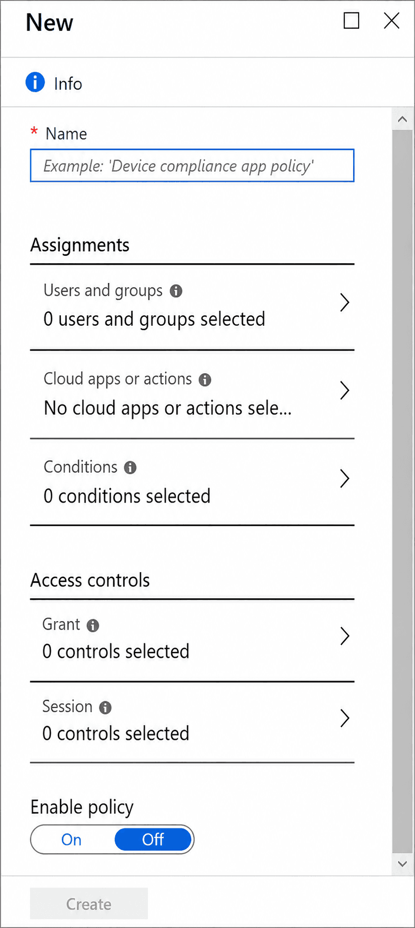 Microsoft Azure Conditional Access policy configuration page for users, cloud apps, conditions, and access controls.