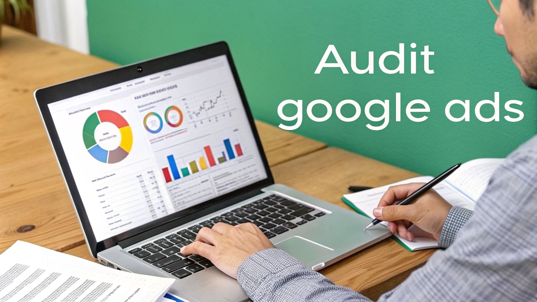 Personne analysant des données Google Ads sur un ordinateur portable affichant des graphiques et prenant des notes.