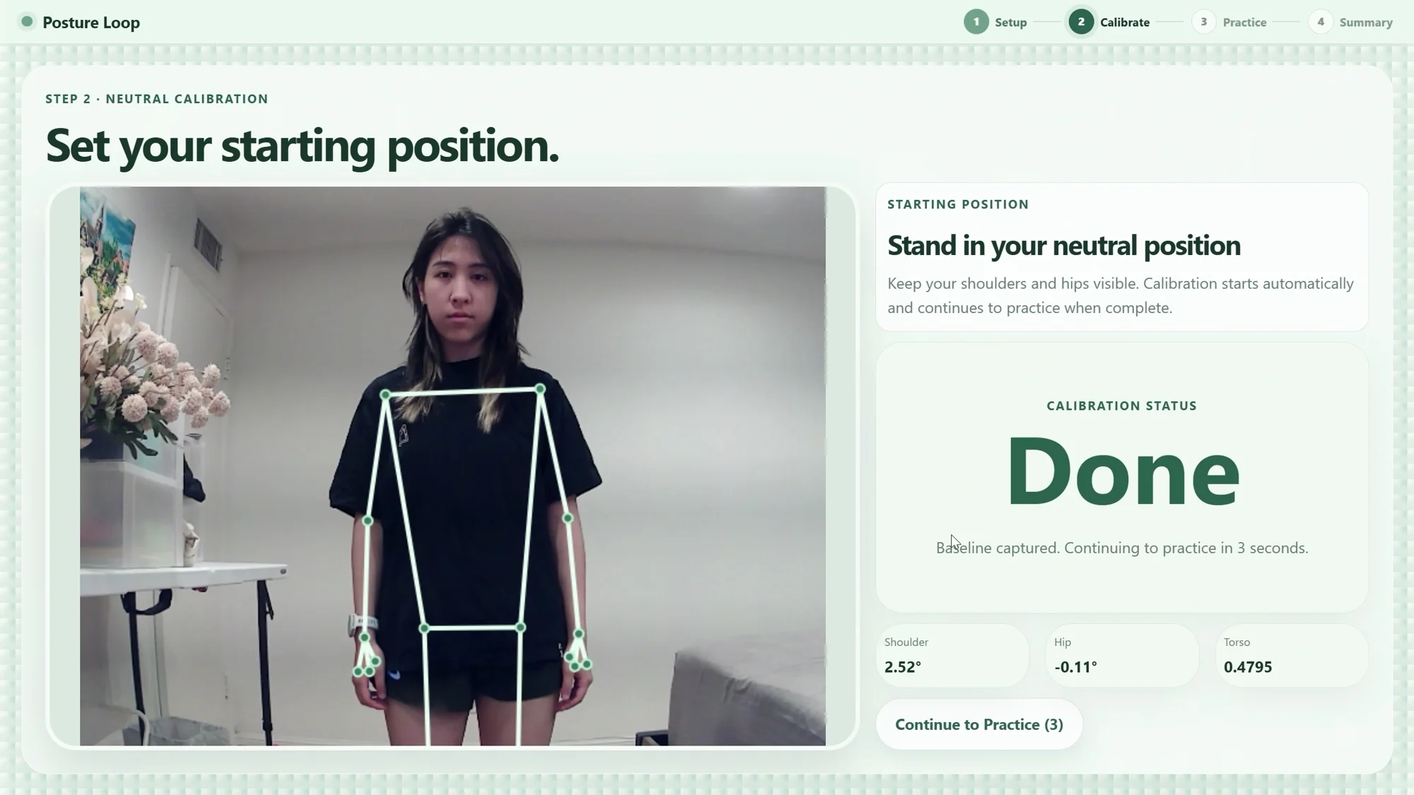 Three-second calibration capturing a personal baseline