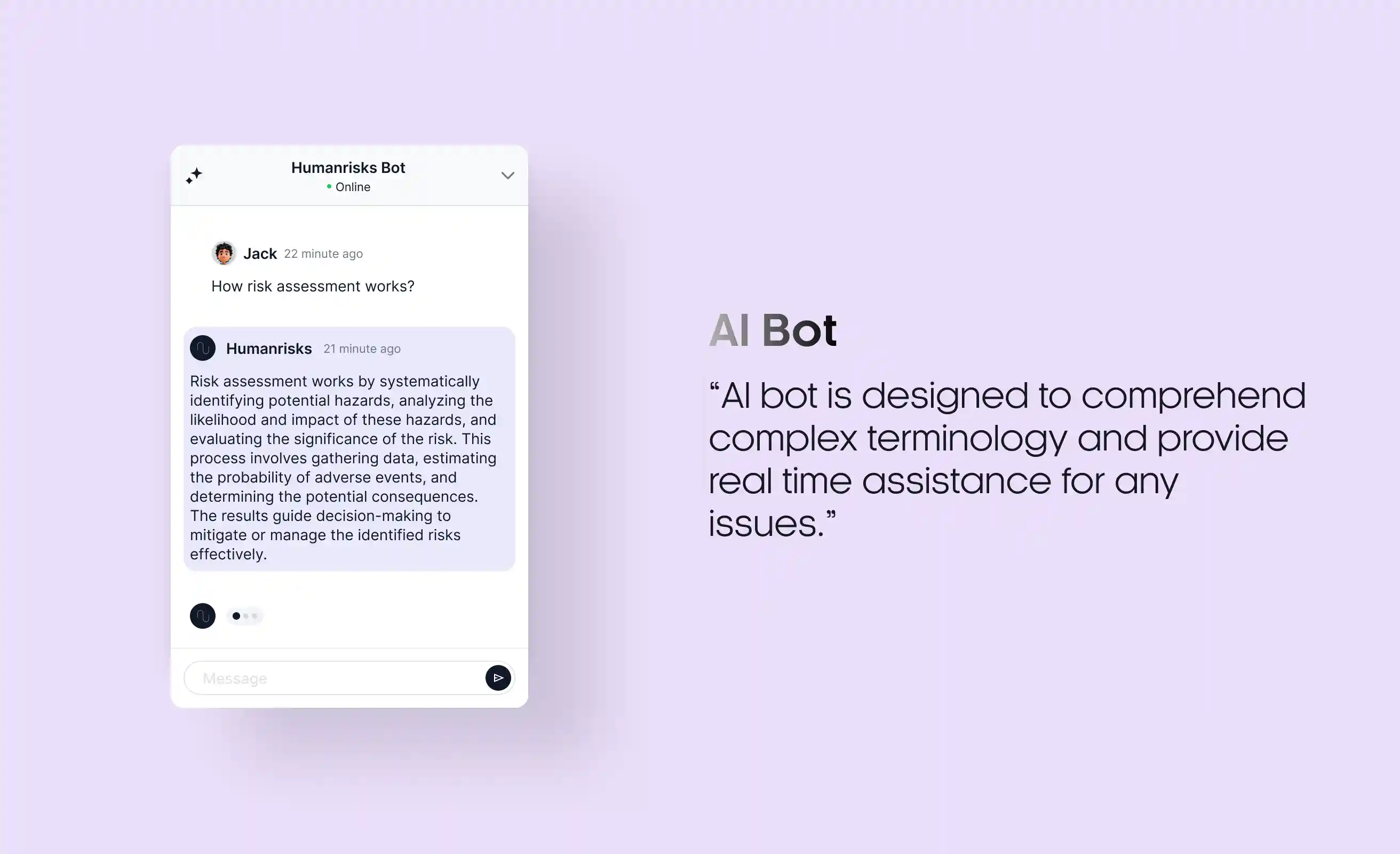 AI Bot & Pattern Recognition' feature for HumanRisks, showing a mock chat conversation about risk assessment and a summary description of the AI ​​assistant's risk mitigation capabilities
