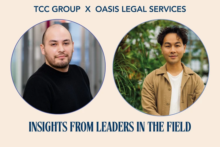 Dois indivíduos, um vestindo uma camisa preta e o outro uma jaqueta bege, são mostrados em molduras circulares contra um fundo claro, com o texto "TCC Group X Oasis Legal Services" e "Insights from Leaders in the Field" exibido acima e abaixo.